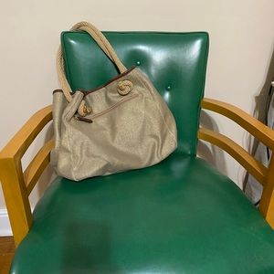 Michael Kors Metallic Beige/Brown/Gold Canvas and Leather Large Isla Tote